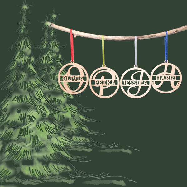 Puinen joulukoriste omalla nimell&auml;